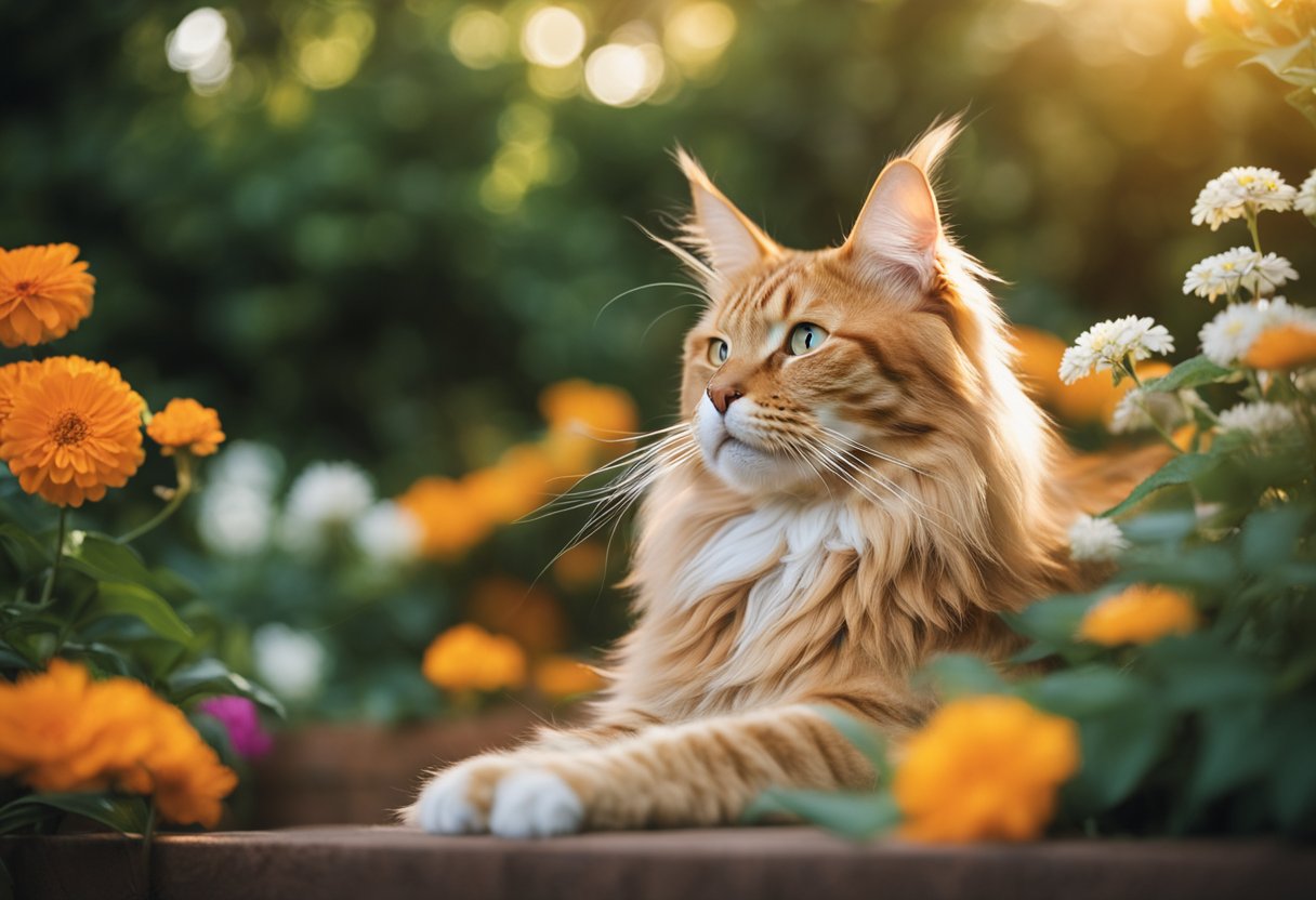 Un Maine Coon naranja descansando en un jardín exuberante, rodeado de flores coloridas y tomando el sol cálido.