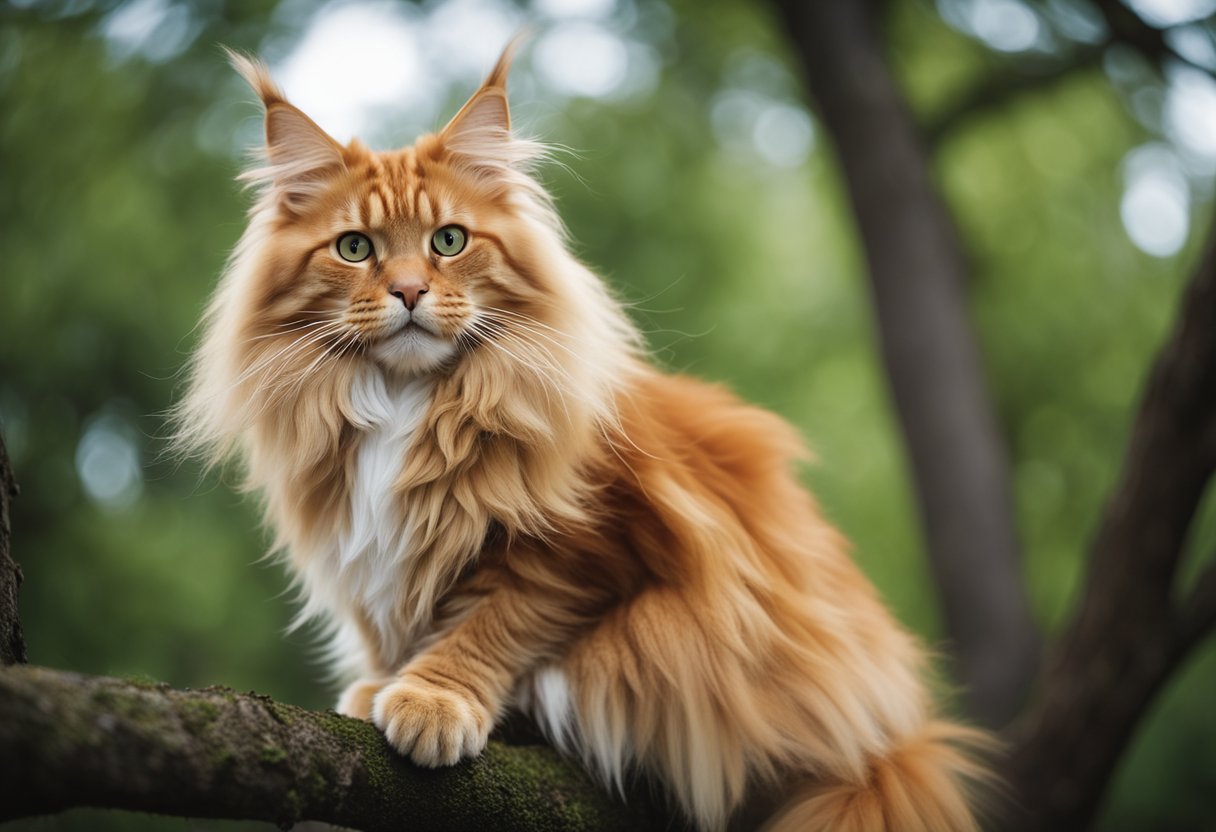 Un Maine Coon naranja con orejas con mechones y una cola larga y peluda se relaja en una rama de árbol, su pelaje despeinado por una suave brisa.