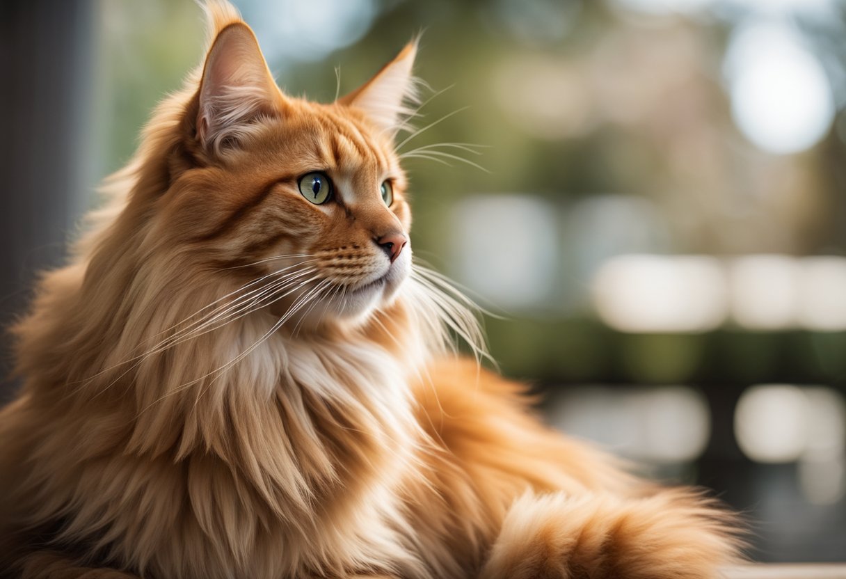 Un Maine Coon naranja con una actitud confiada, sentado orgullosamente con su cola enrollada alrededor de su cuerpo