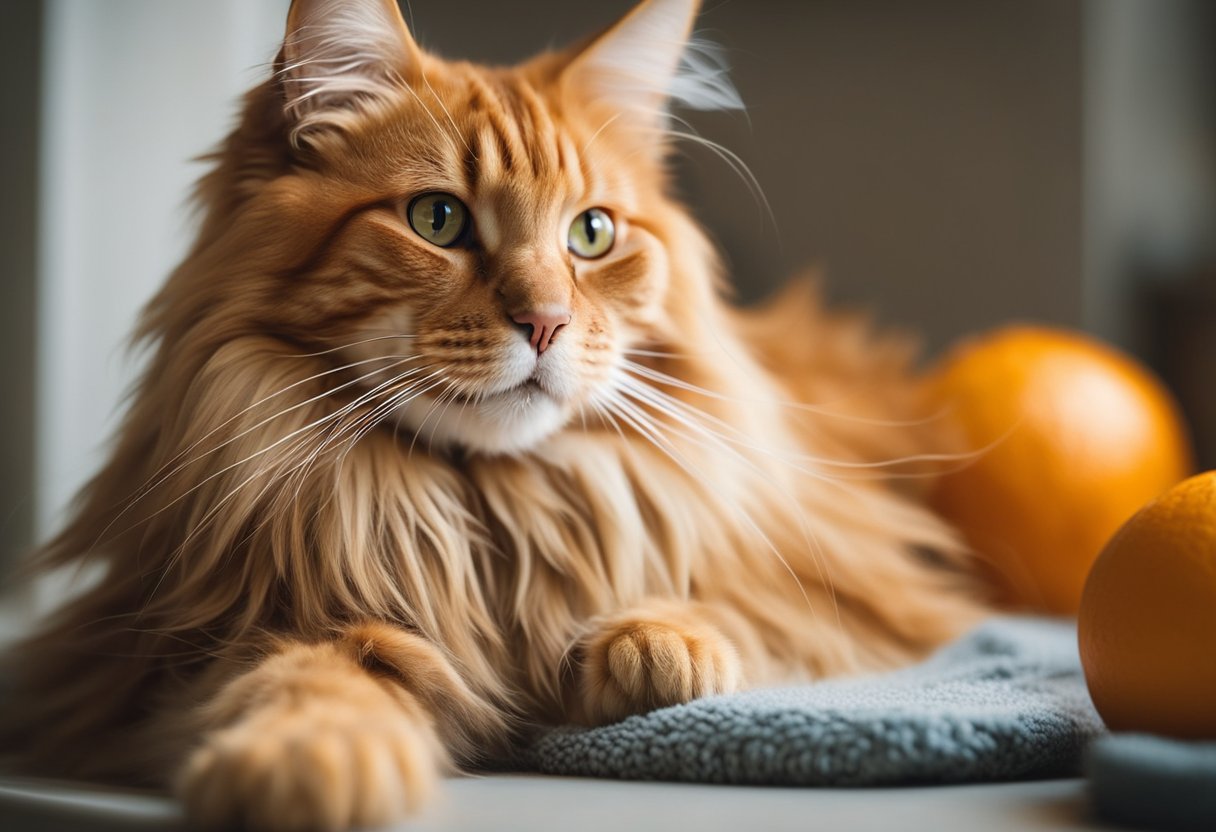 Un Maine Coon naranja recibiendo cuidados específicos, como acicalamiento o corte de uñas, en un ambiente acogedor y bien iluminado.