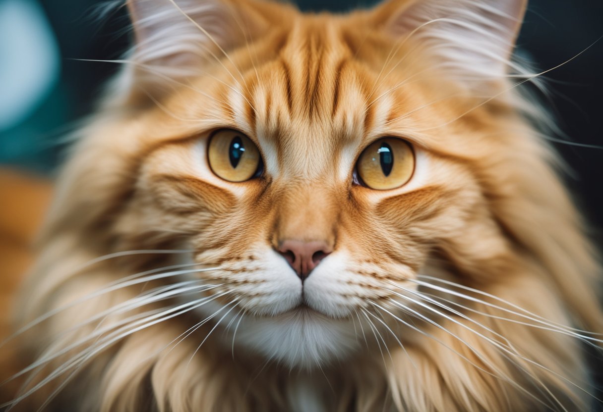 Un gato Maine Coon naranja recibiendo atención médica en una clínica veterinaria