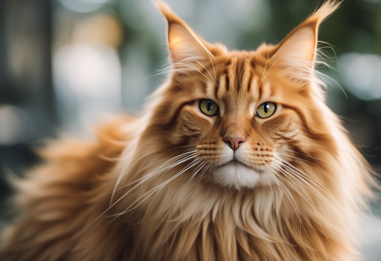 Un gato Maine Coon naranja siendo reconocido por los criadores