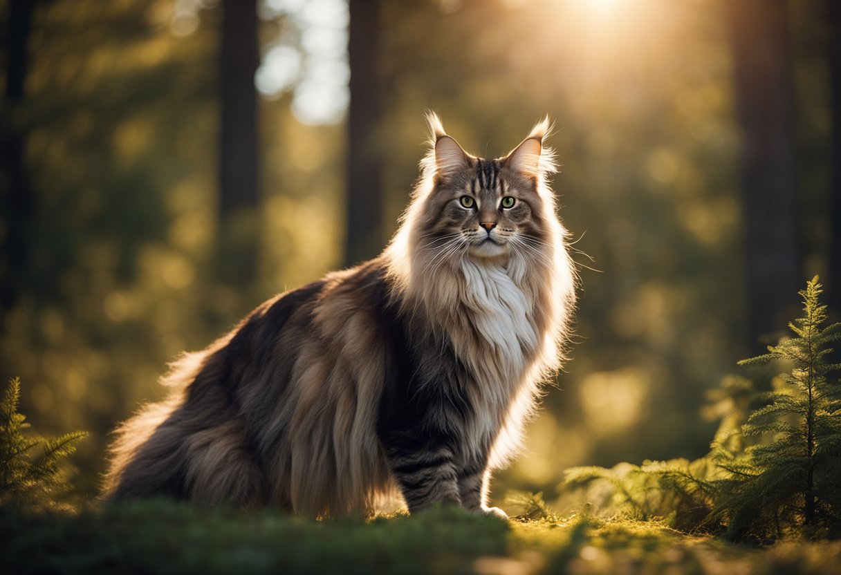 Un majestuoso gato Maine Coon de pie en un claro del bosque, con la luz del sol filtrándose a través de los árboles sobre su pelaje esponjoso