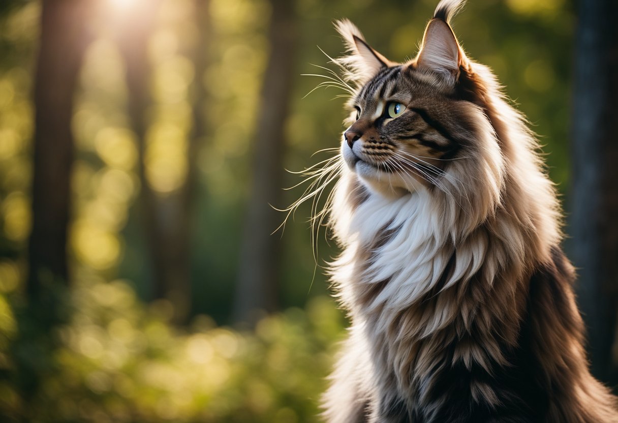 Un majestuoso Maine Coon erguido contra el fondo de un bosque frondoso, con su notable cola larga y peluda en alto