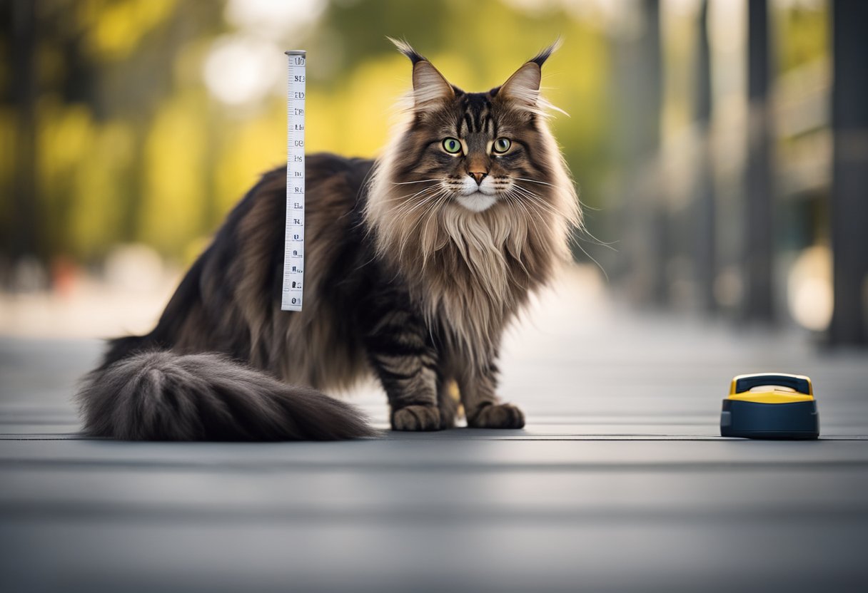 Un Maine Coon de pie junto a una cinta métrica, mostrando su gran tamaño y altura impresionante