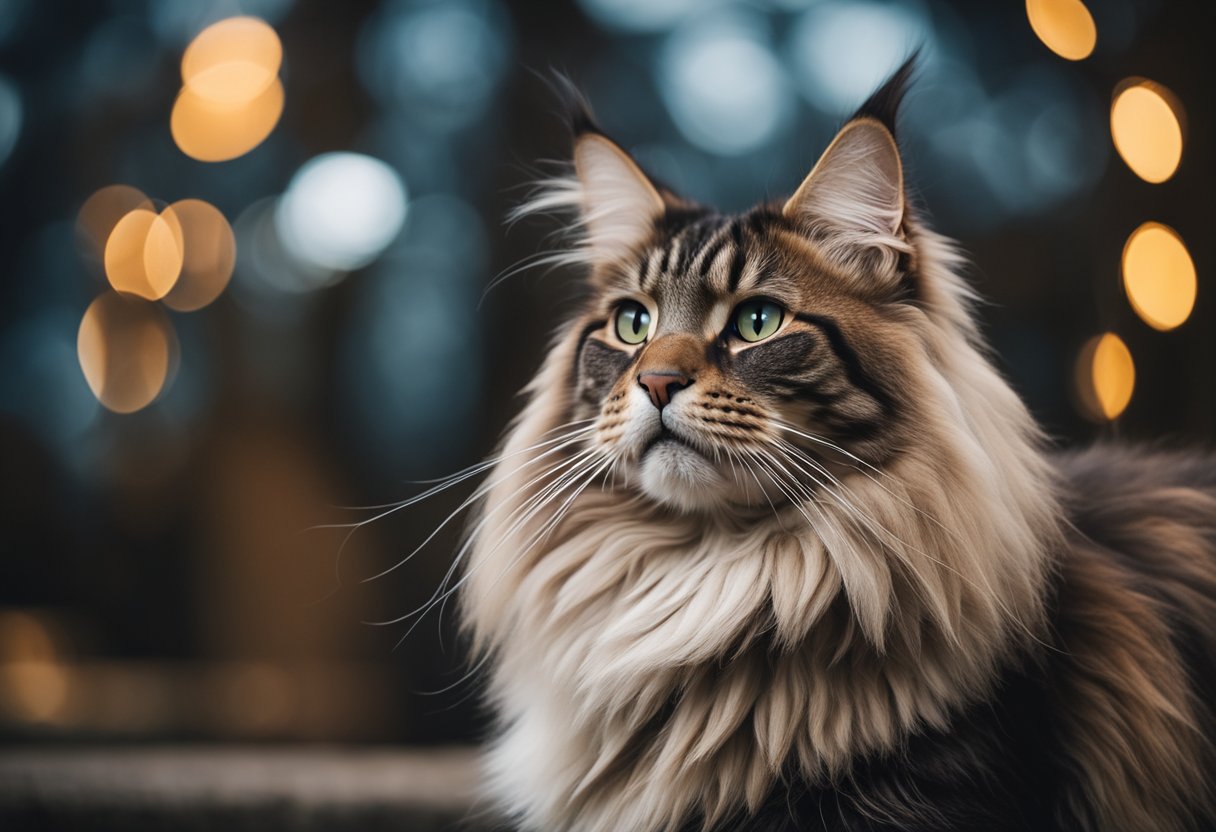 Un majestuoso gato Maine Coon de pie, alto y regio, mostrando su característico comportamiento confiado y tranquilo.