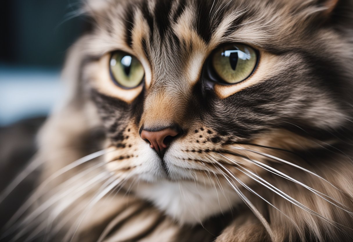 Un gato Maine Coon recibiendo cuidados y atención específicos, con un enfoque en su salud y altura.