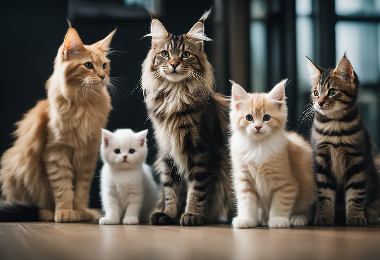 Un gato Maine Coon de pie junto a un criador orgulloso, rodeado de gatitos juguetones