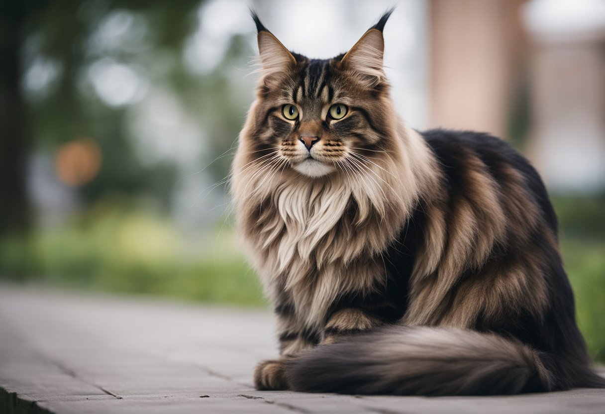 Un gato Maine Coon con un cuerpo musculoso, sentado orgullosamente