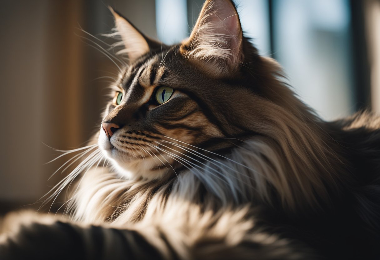 Un majestuoso gato Maine Coon descansando en una habitación iluminada por el sol, con su gran cuerpo musculoso en plena exhibición.