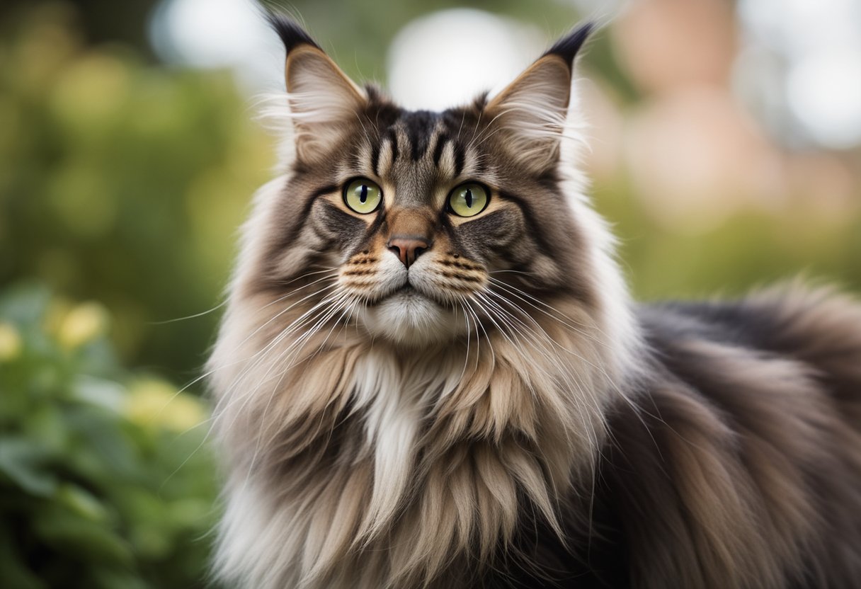 Un gato Maine Coon con un cuerpo robusto, pelaje largo, orejas con mechones y una cola espesa, de pie con confianza.