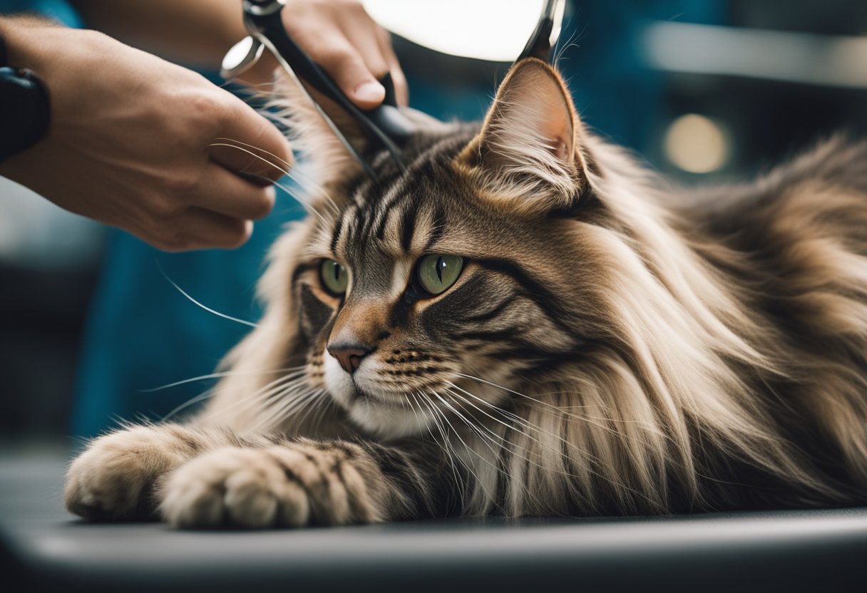 Un gato Maine Coon siendo atendido por un veterinario, con un enfoque en su masa corporal y cuidados específicos.