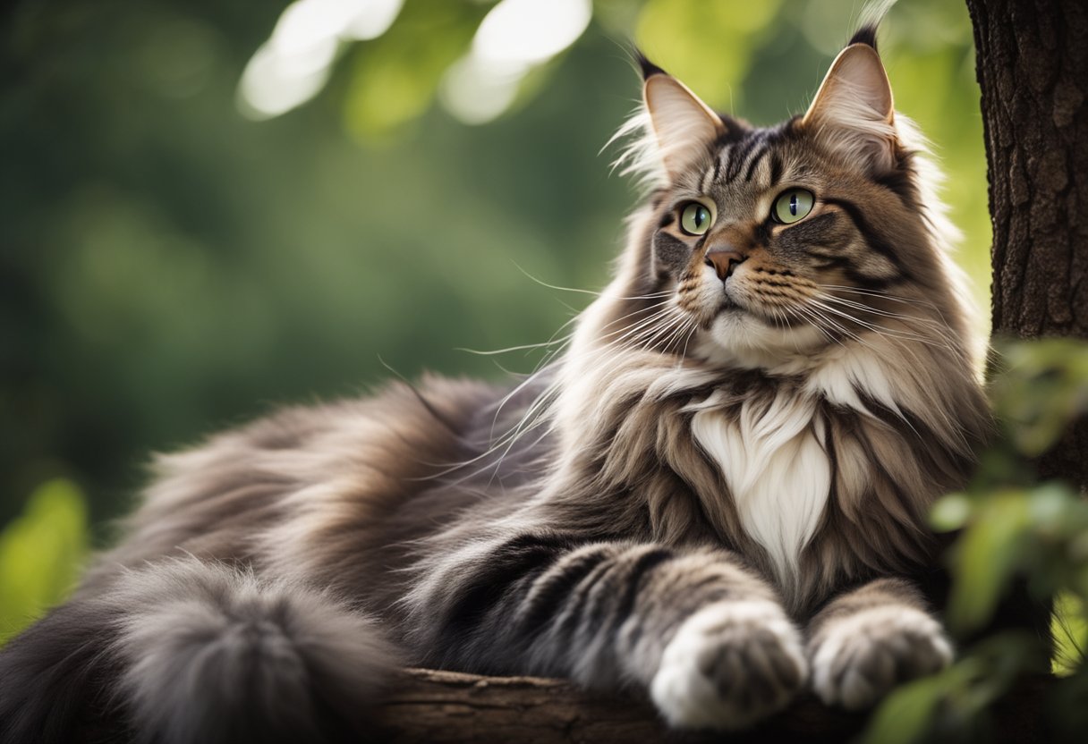 Un majestuoso gato Maine Coon se relaja en una rama de árbol, con su cola esponjosa enroscada alrededor de su cuerpo y sus orejas con mechones erguidas.