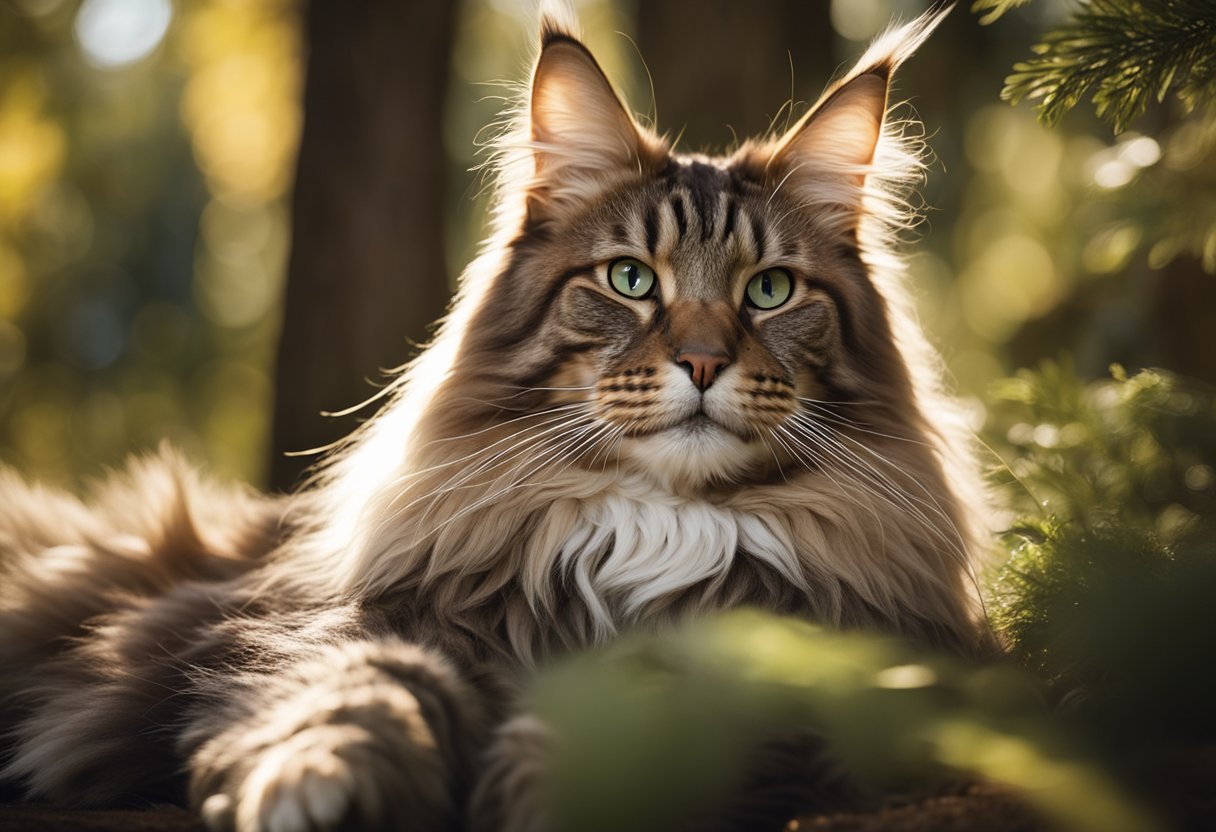 Un majestuoso Maine Coon se relaja en un bosque bañado por el sol, con sus grandes orejas en forma de mechón erguidas mientras observa su entorno con un aire regio.