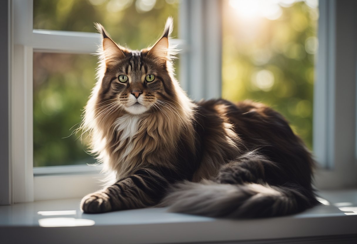 Un gato Maine Coon descansando en una ventana iluminada por el sol, mirando al mundo con un aire de curiosidad regia.