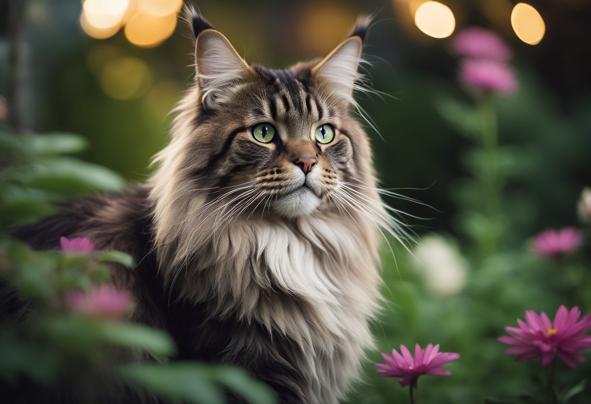 Un majestuoso gato Maine Coon sentado con regalidad y una expresión serena, rodeado de exuberante vegetación y flores coloridas.