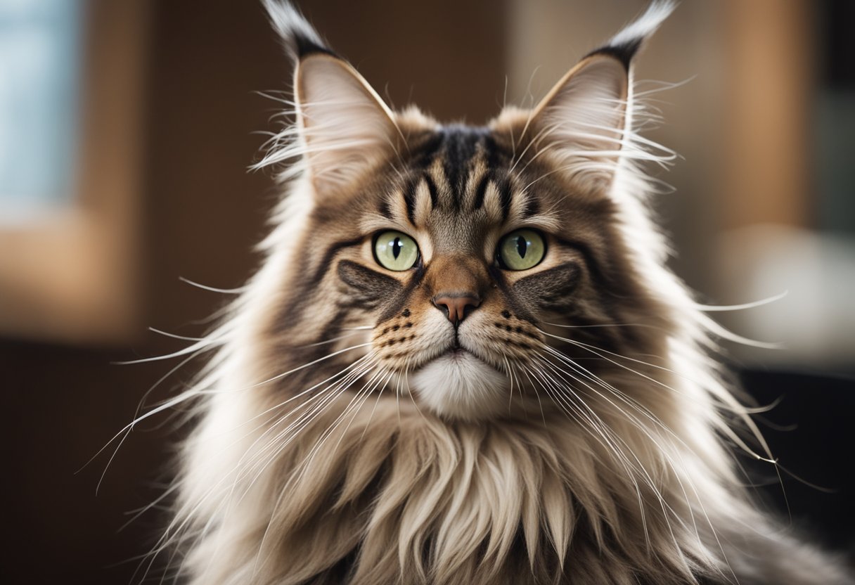 Un gato Maine Coon sentado con orgullo, con su larga y esponjosa cola en alto, orejas con mechones alerta y una expresión de confianza en su rostro.