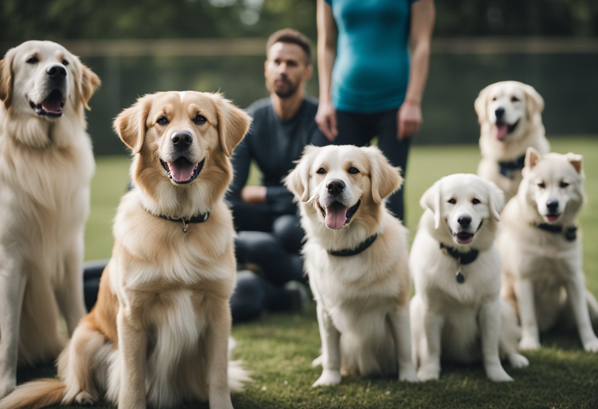 Um grupo de cães adultos senta-se atentamente em uma aula de treinamento, focado em seu instrutor e praticando comandos de obediência.