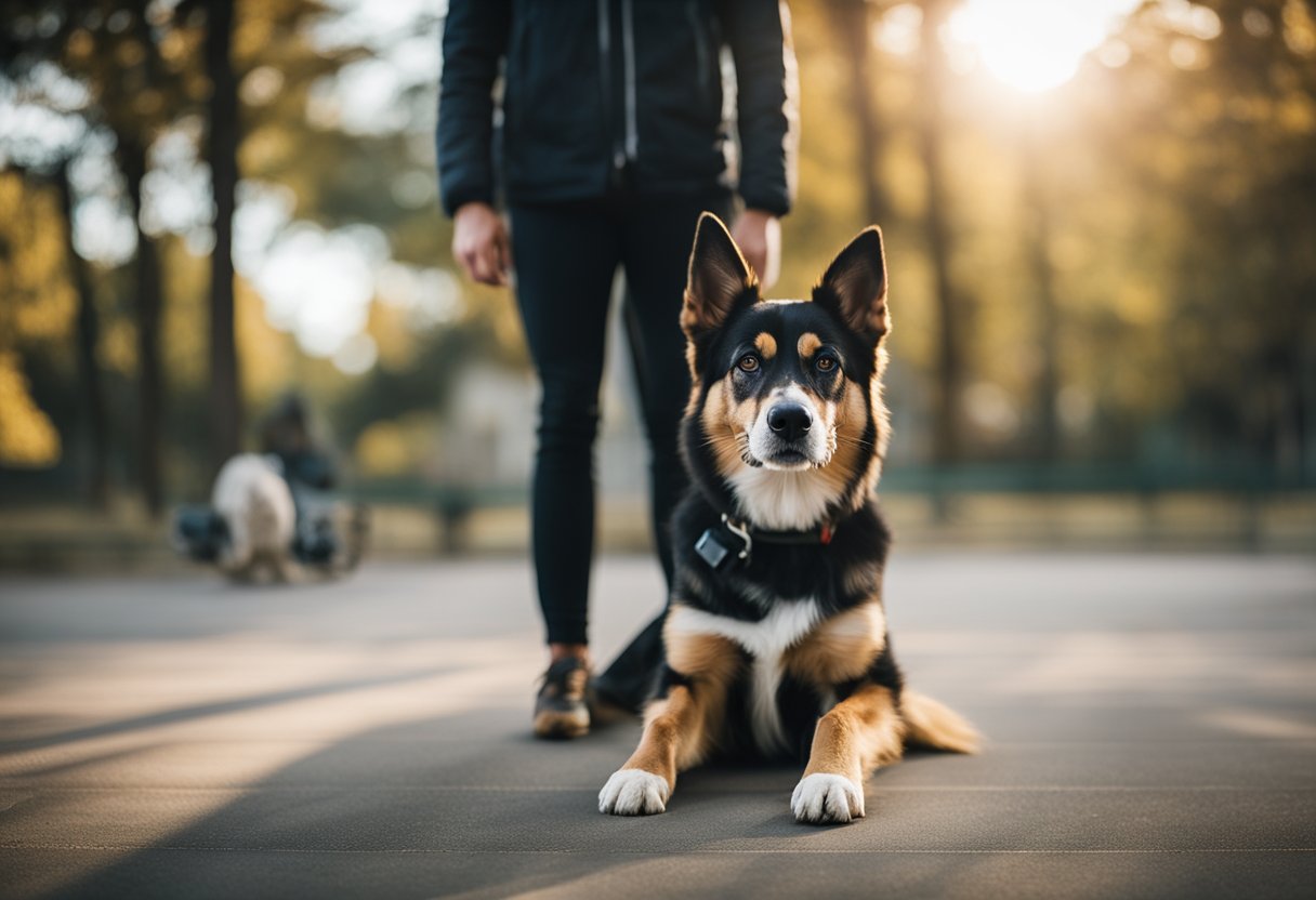 Um cachorro sentado atentamente na frente de seu dono, com uma expressão focada e ansiosa, pronto para seguir comandos durante o treinamento de obediência.