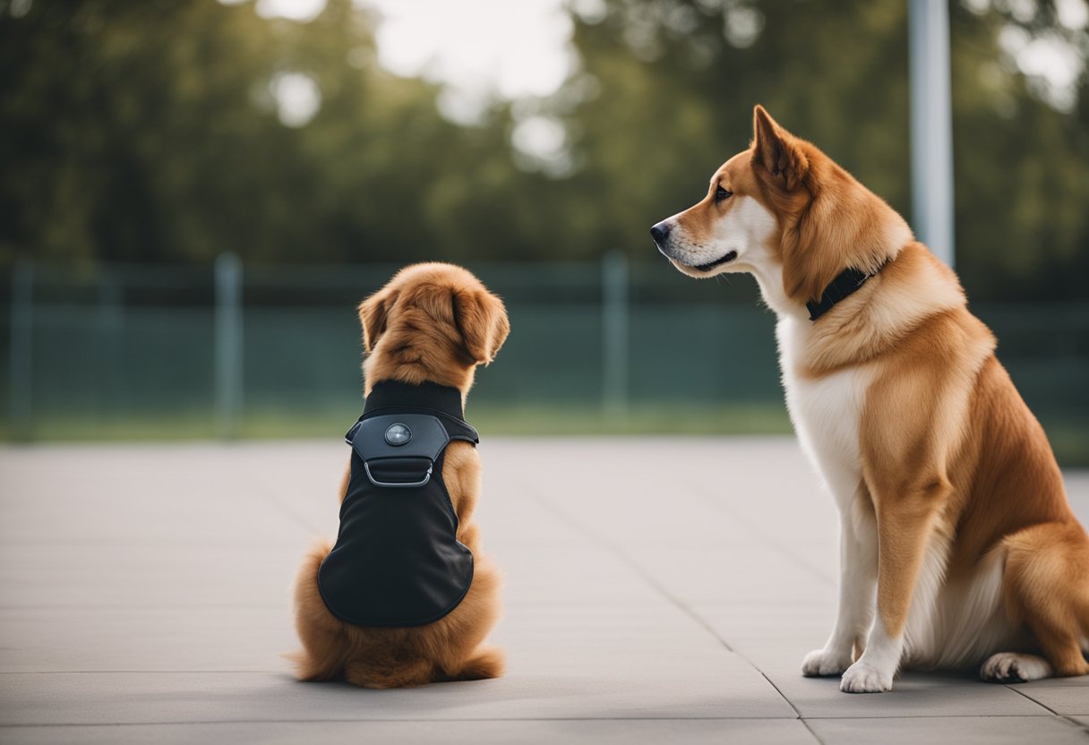 Um cachorro sentado atentamente, focado em seu treinador durante uma sessão de treinamento de obediência.