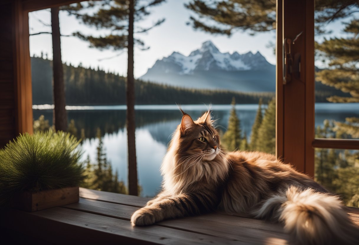 Un gato Maine Coon se relaja en una cabaña acogedora, rodeado de altos pinos y un lago sereno, con una majestuosa cadena montañosa de fondo.