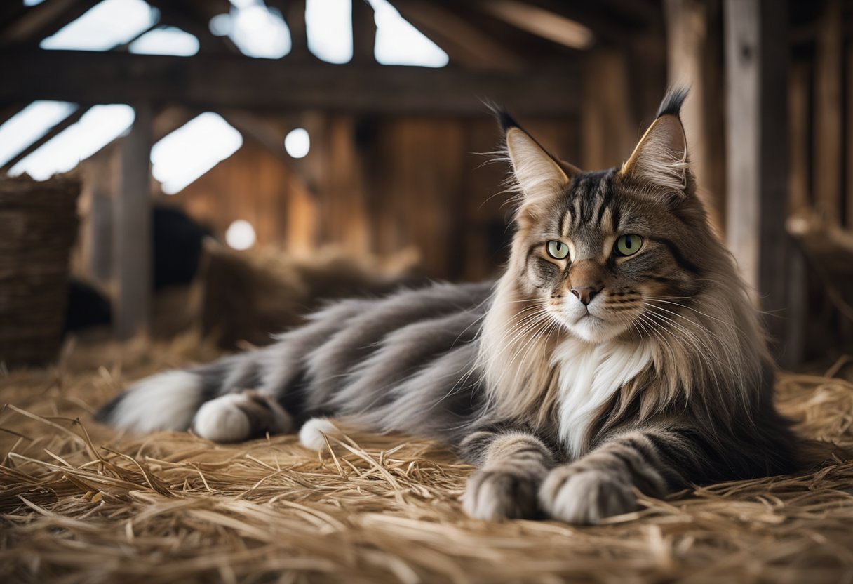 Un gato Maine Coon se relaja en un granero rústico, rodeado de otros gatos de la misma raza. Los gatos se representan en varios tamaños y colores, mostrando la evolución de la raza Maine Coon.