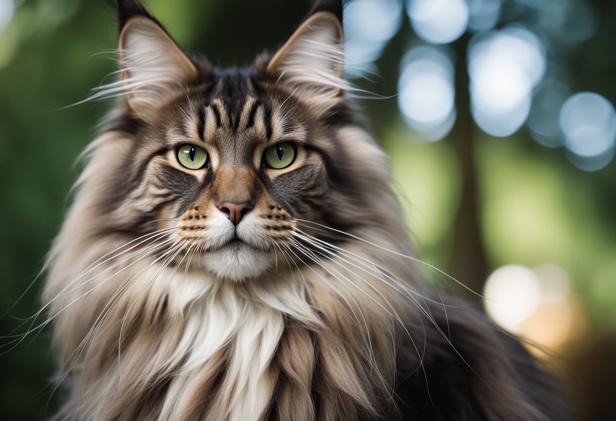 Un majestuoso Maine Coon se erige alto, con orejas con mechones y una larga cola peluda. Sus grandes ojos expresivos miran con confianza hacia afuera, mientras que su espeso y desgreñado pelaje irradia una sensación de poder y gracia.