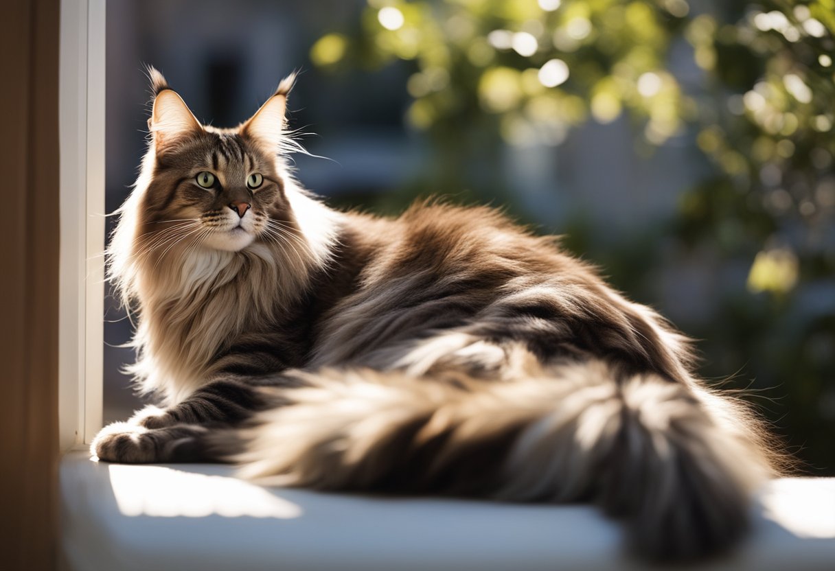 Un gato Maine Coon se relaja en una ventana iluminada por el sol, con su larga y tupida cola colgando por el borde mientras observa a los pájaros afuera.