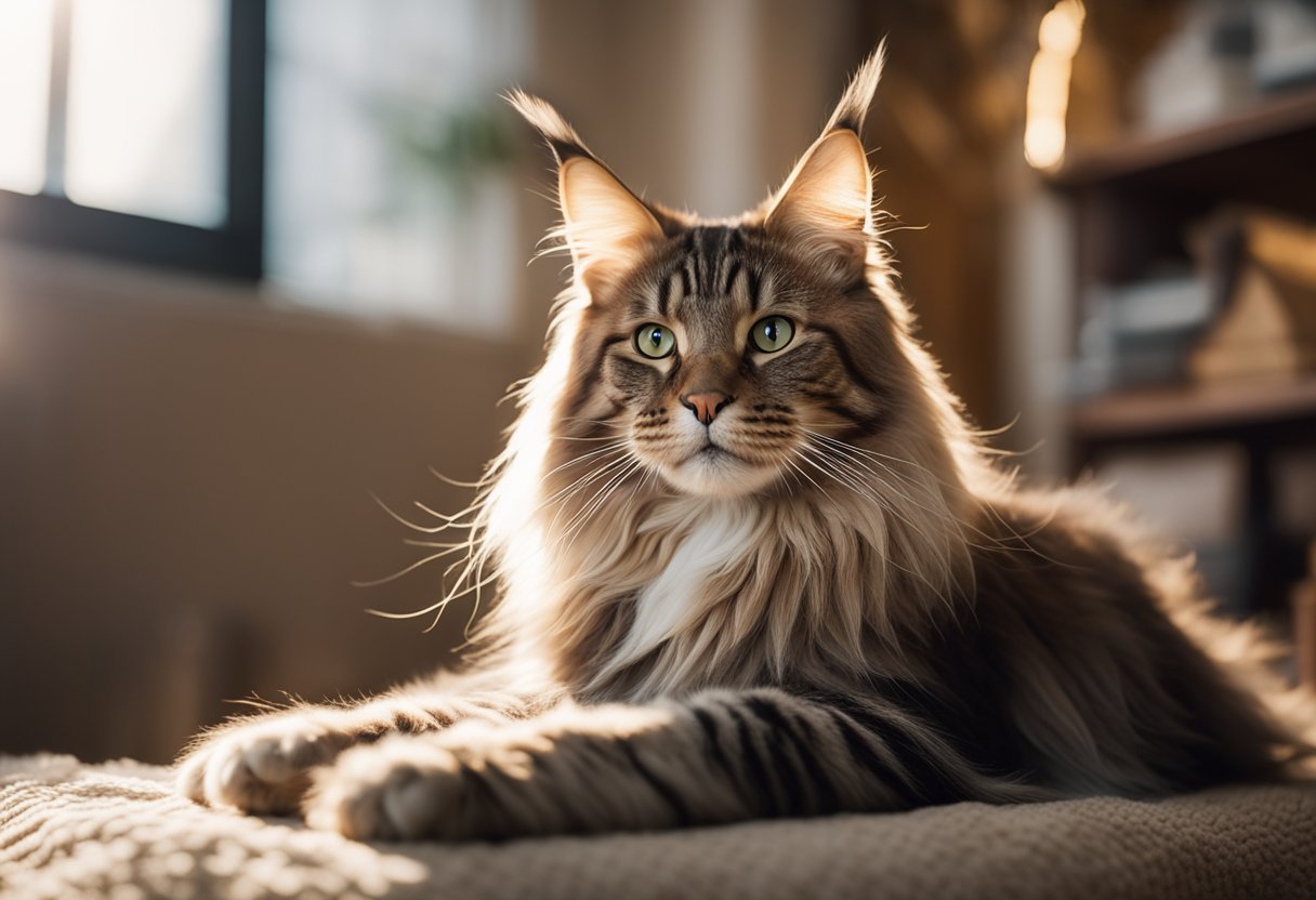 Un gato Maine Coon se relaja en una acogedora sala de estar, rodeado de juguetes y un rascador. La luz del sol entra por una ventana, proyectando un cálido resplandor sobre el felino esponjoso.