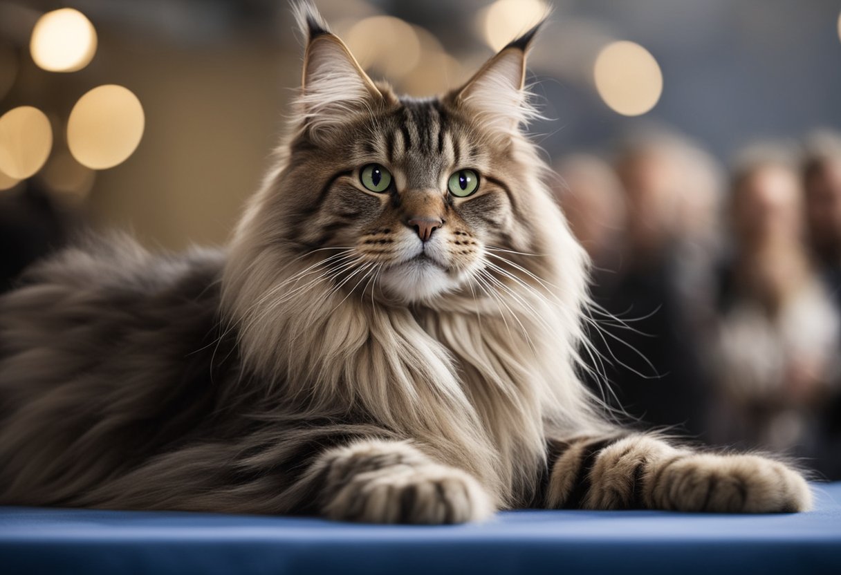 Un gato Maine Coon compite en una competencia histórica, mostrando su gran tamaño y distintivas orejas con mechones.