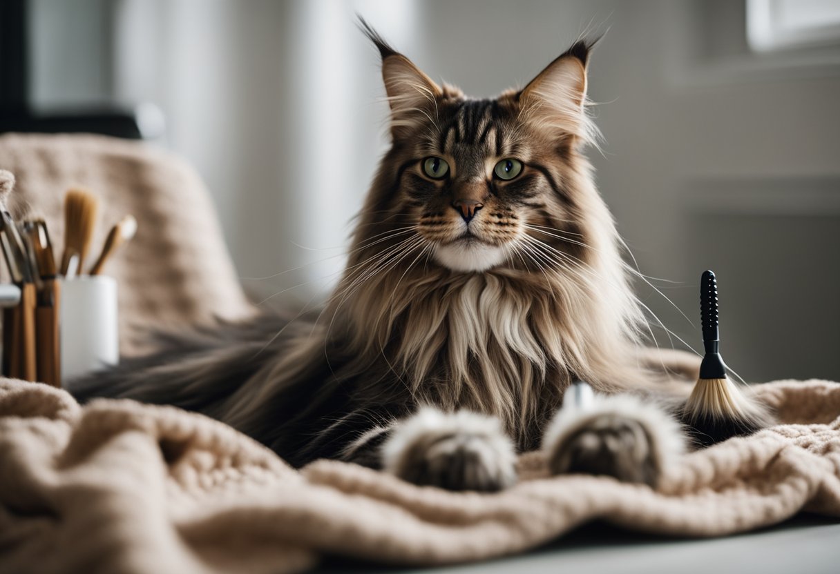 Un Maine Coon siendo acicalado con un cepillo, rodeado de herramientas de acicalamiento y sentado sobre una manta suave