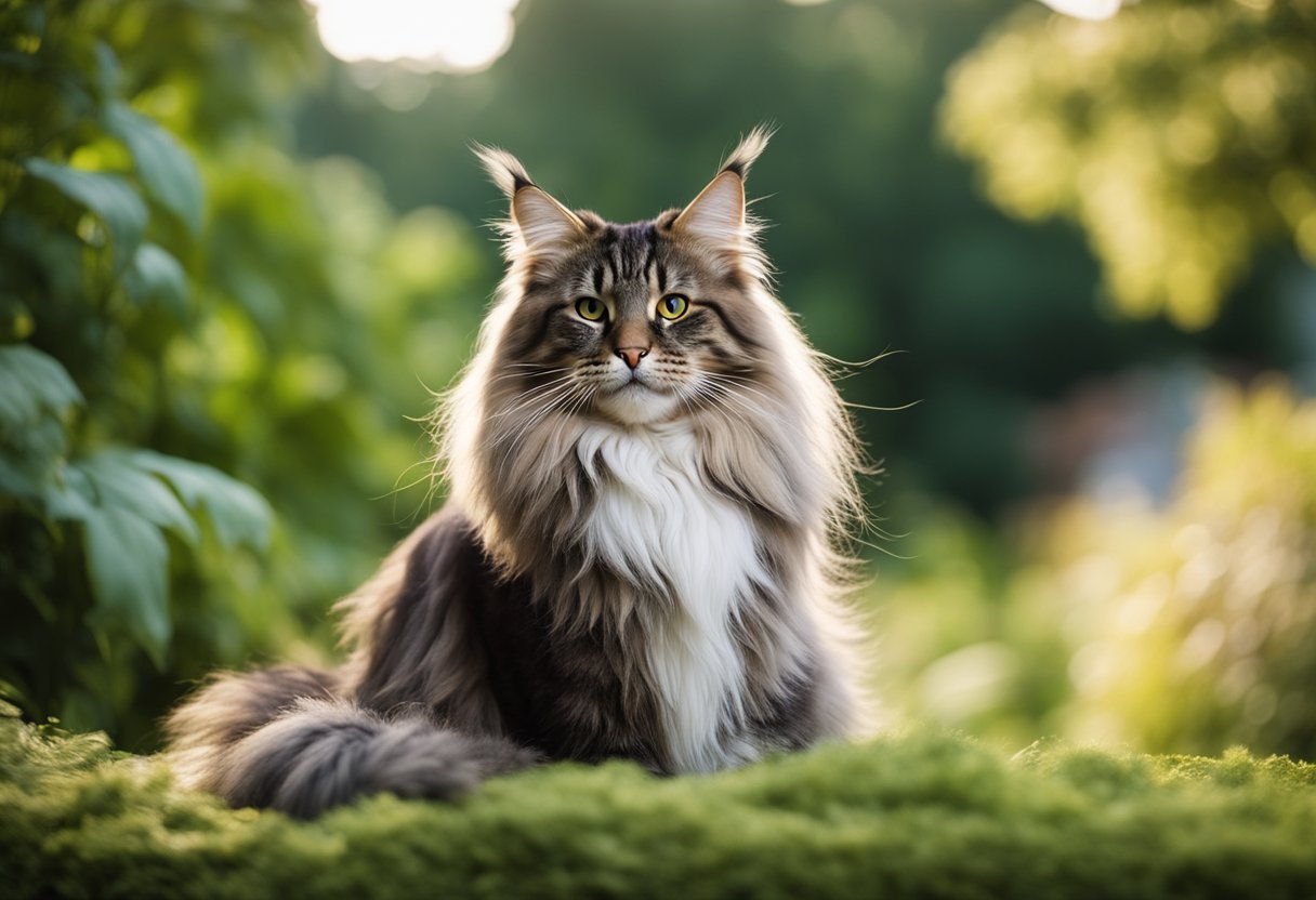 Un majestuoso gato Maine Coon se erige orgullosamente con sus orejas en mechones y su larga y espesa cola, rodeado de exuberante vegetación y un acogedor hogar rústico.