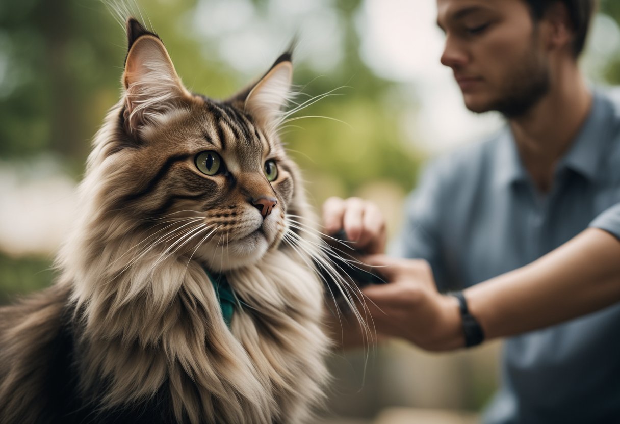 Un gato Maine Coon siendo cepillado y recibiendo cuidados suaves de su dueño