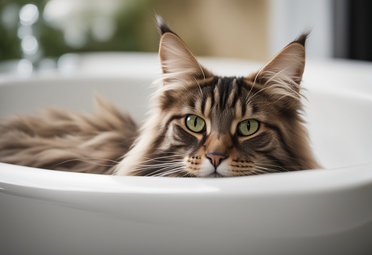 Un gato Maine Coon siendo acicalado y mimado en un entorno tranquilo, similar a un spa.