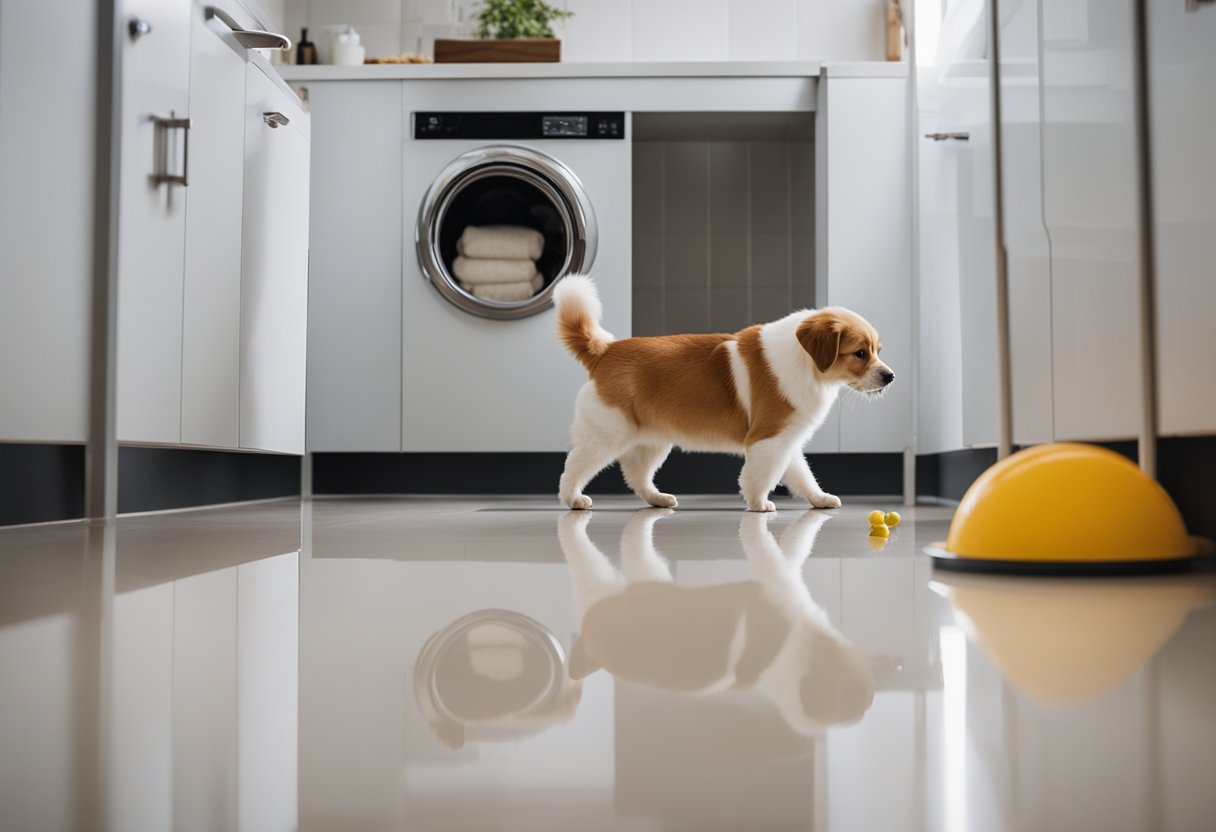 Um dono de animal de estimação usando reforço positivo para treinar seu pet a usar uma área de banheiro designada, com petiscos e elogios como recompensas.