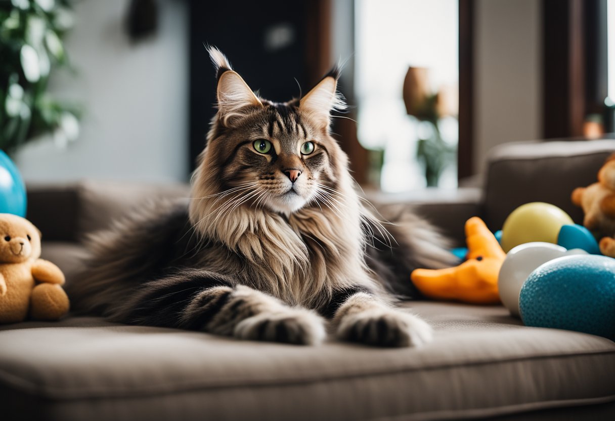 Un gato Maine Coon descansando en una sala de estar acogedora, rodeado de juguetes y un rascador, con un tazón de comida y agua cerca.