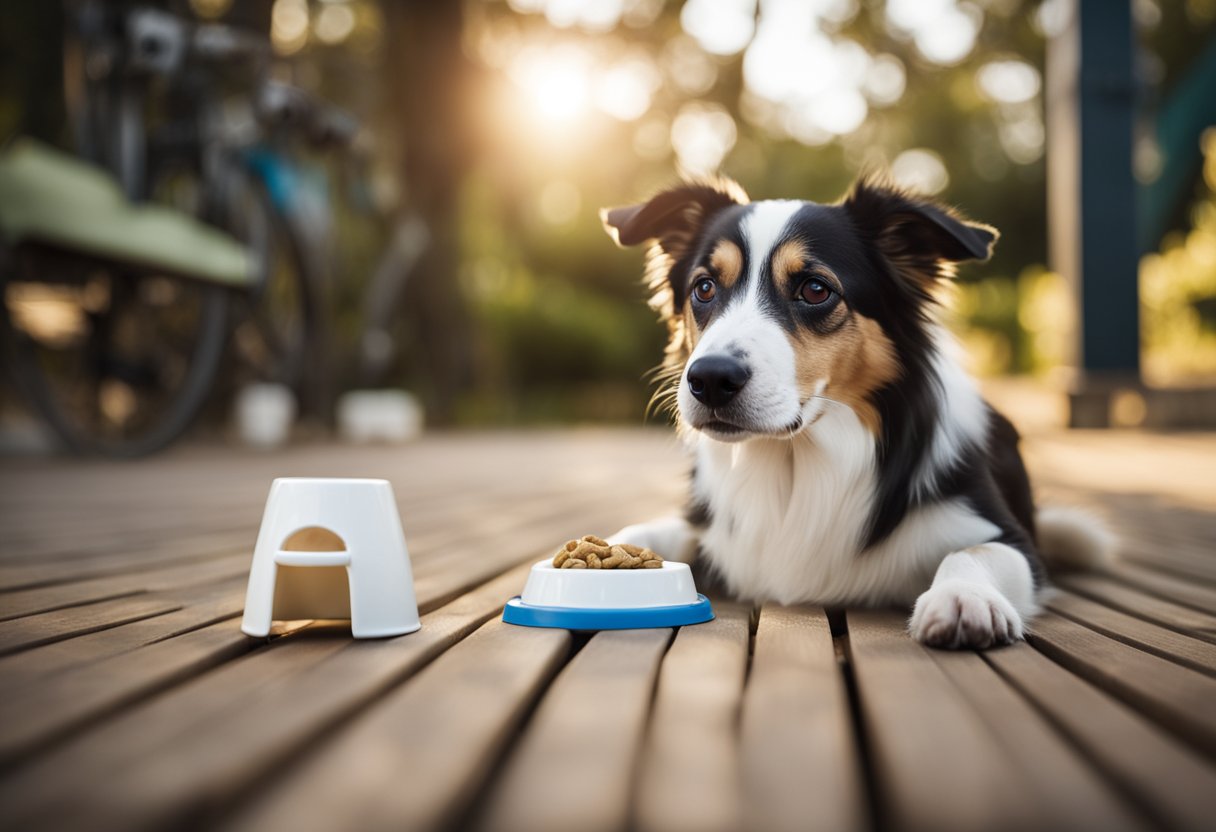 Um cachorro sentado obedientemente ao lado de uma área de banheiro designada, enquanto o dono o recompensa com um petisco por usar com sucesso o local.