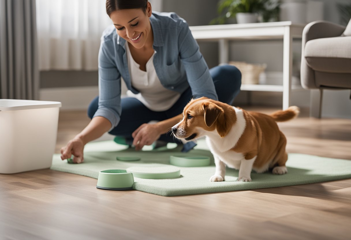 Um dono de animal de estimação preparando uma área designada com tapetes higiênicos ou uma caixa de areia, usando reforço positivo para ensinar seu pet a fazer suas necessidades no lugar certo.