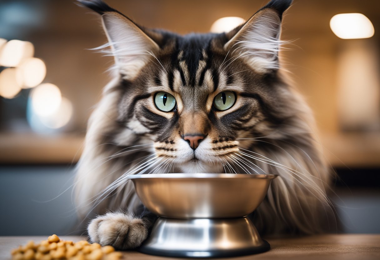 Un gato Maine Coon comiendo de un gran tazón de comida elevado con una variedad de opciones de comida para gatos de alta calidad y específicas para la raza disponibles