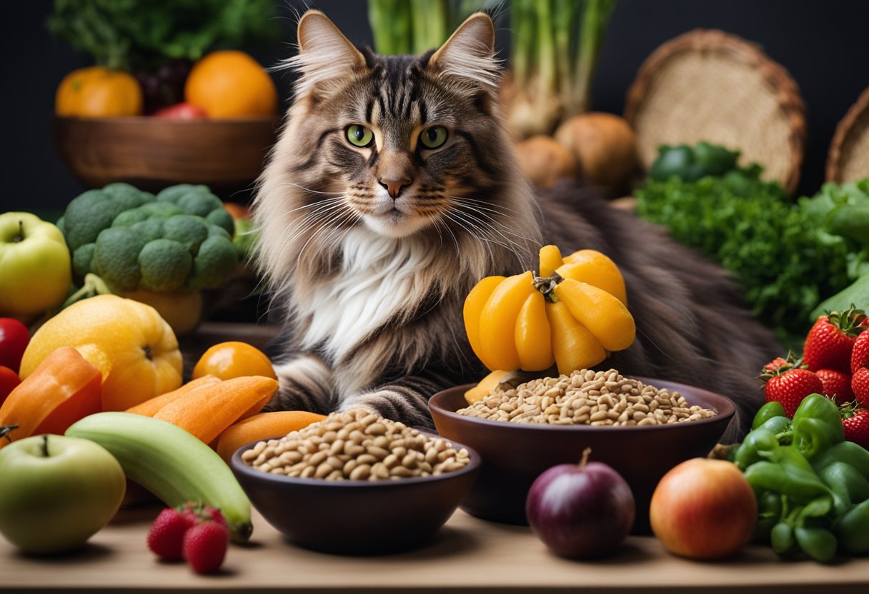 Un gato Maine Coon rodeado de una variedad de frutas y verduras frescas, con un tazón de comida para gatos de alta calidad en el fondo