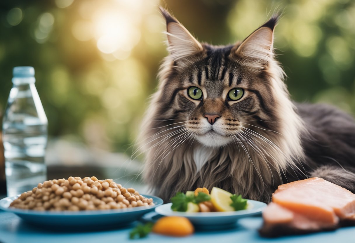 Un gato Maine Coon comiendo una dieta equilibrada de pescado fresco, carnes magras y comida para gatos de alta calidad, con un tazón de agua limpia cerca.