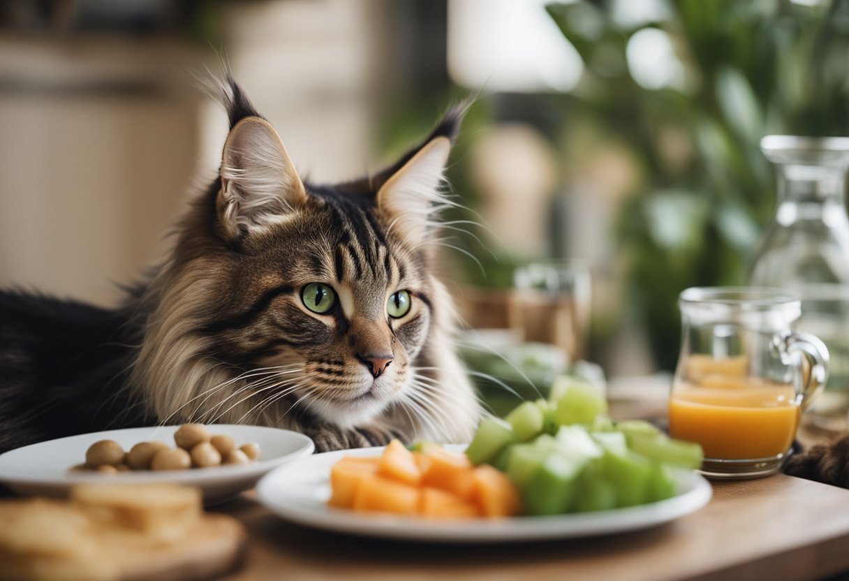 Un gato Maine Coon comiendo una dieta equilibrada con varios alimentos saludables para prevenir enfermedades comunes