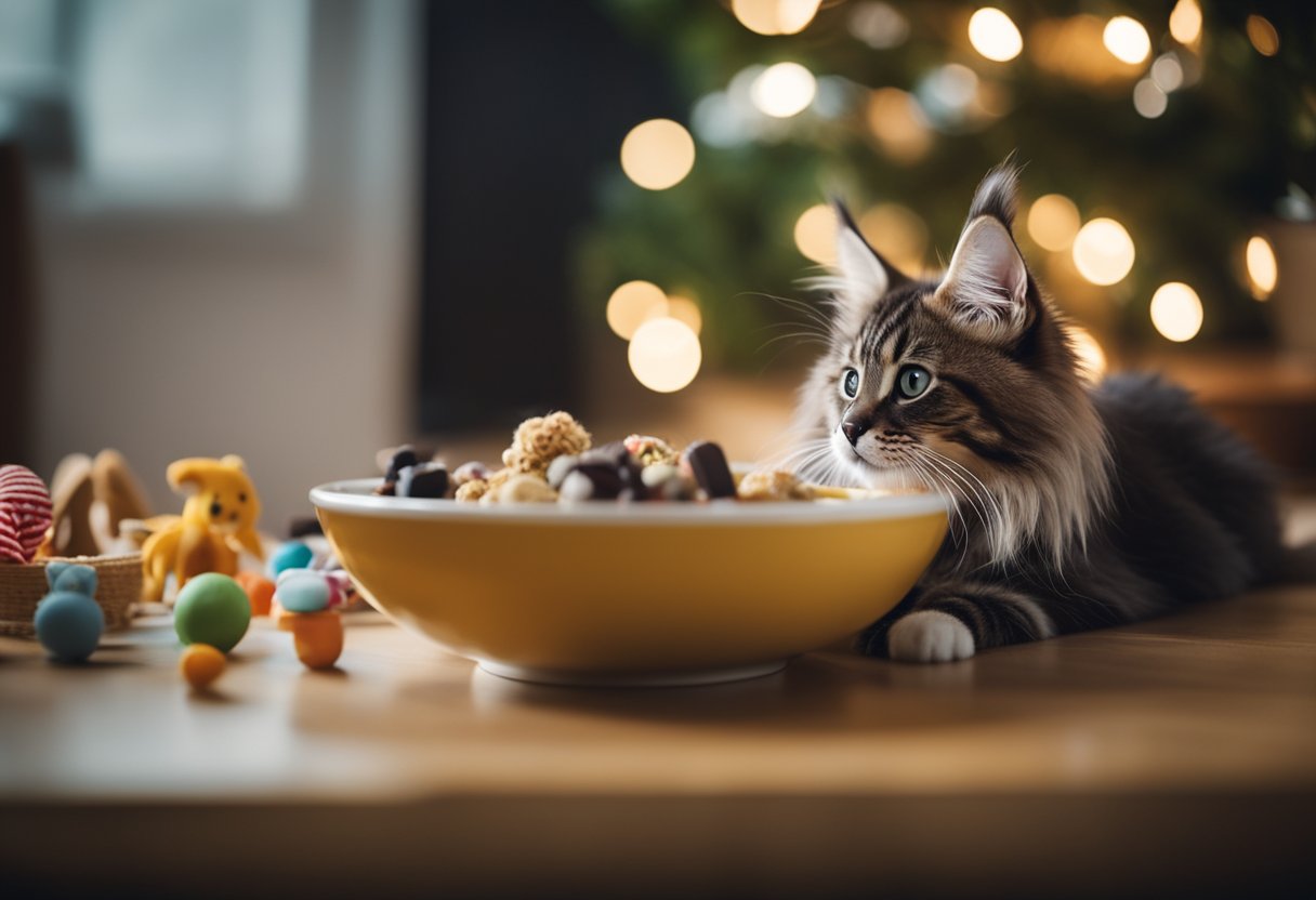 Un gatito Maine Coon comiendo de un tazón de comida especialmente formulada, rodeado de juguetes y una cama cómoda en una habitación acogedora y bien iluminada.