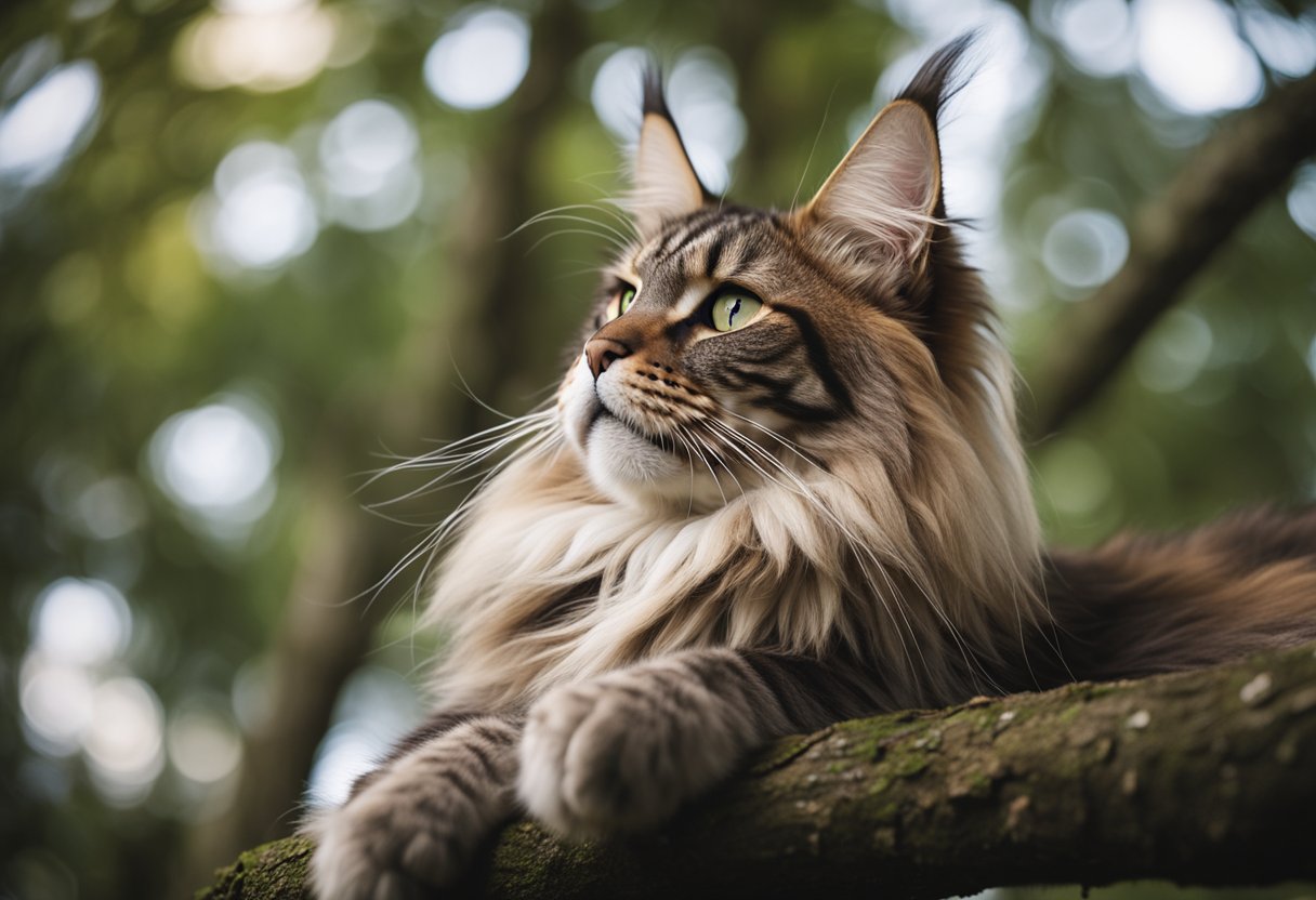 Un majestuoso Maine Coon se relaja en una rama de árbol, con sus largas orejas en punta erguidas mientras mira con un porte regio y confiado.