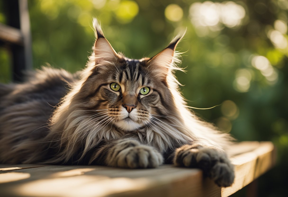 Un gato Maine Coon descansando en un porche de madera rústica, rodeado de vegetación exuberante y bañado por la cálida luz del sol.