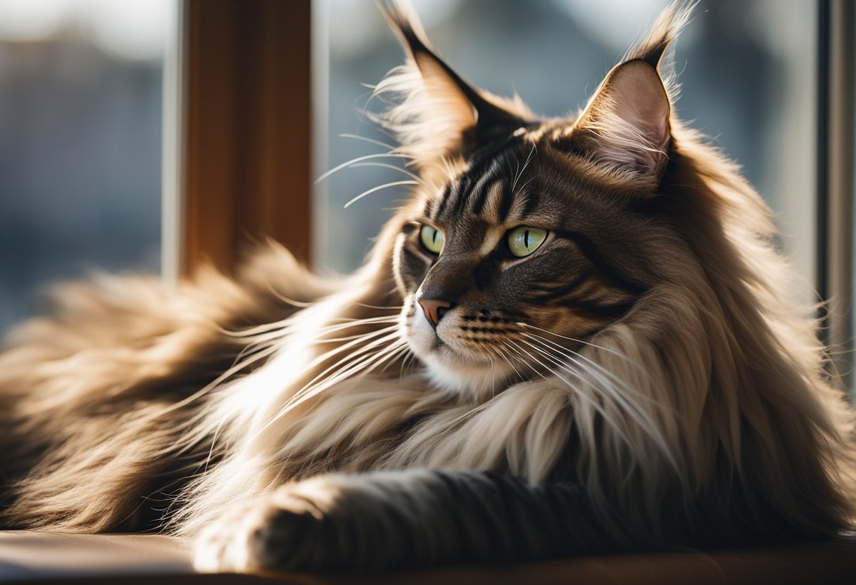 Un majestuoso Maine Coon descansando en una ventana iluminada por el sol, con sus grandes orejas en punta y su cola peluda envuelta alrededor de su enorme cuerpo.