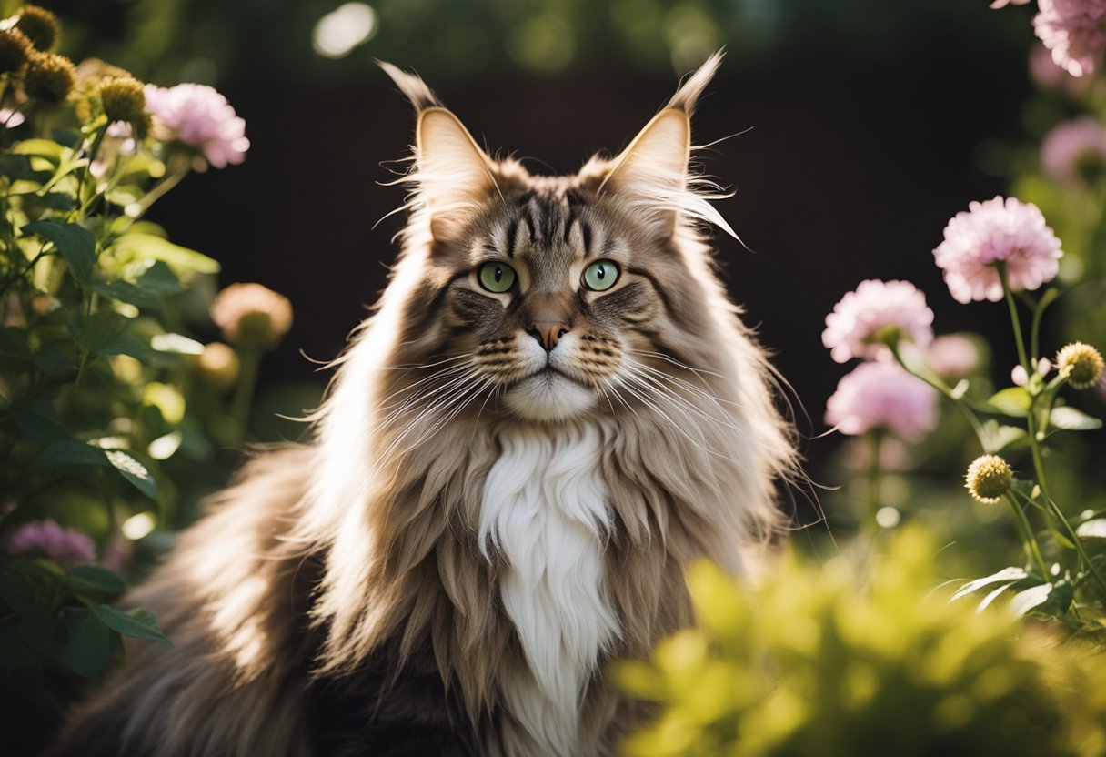 Un majestuoso gato Maine Coon acicalándose bajo el sol, rodeado de flores en flor y exuberante vegetación