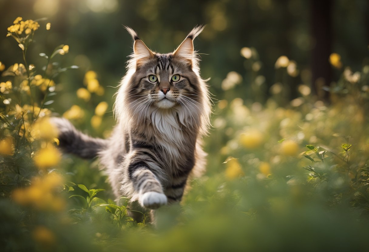 Un gato Maine Coon jugando y corriendo en un entorno amplio y natural, como un gran jardín o un bosque.