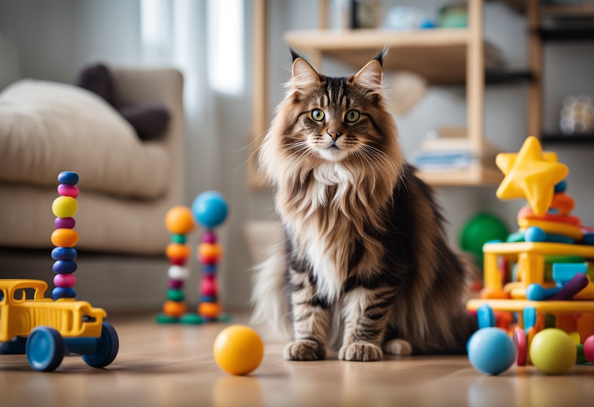 Un gato Maine Coon jugando con varios juguetes en un ambiente espacioso y amigable para los gatos, mostrando la importancia del ejercicio para esta raza