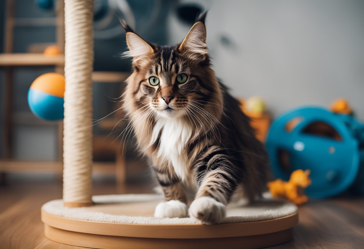 Un gato Maine Coon jugando con una variedad de juguetes y participando en actividades físicas como correr, saltar y trepar en un rascador.